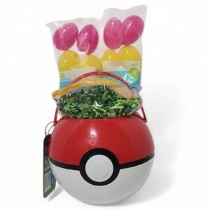 Pokemon PokeBall Plastic Easter Basket/Treat Bucket Grass Eggs
